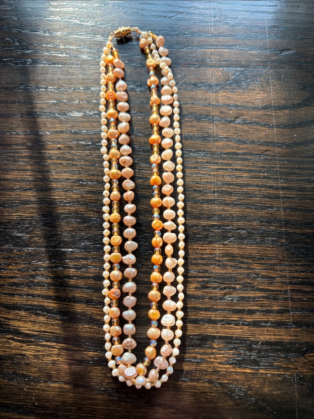Hand-Made Freshwater Pearl and Peach Bead Multi-Strand Necklace